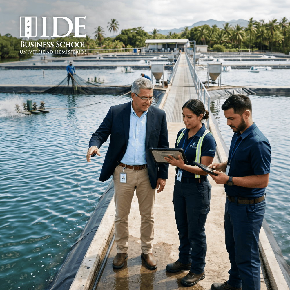 Three professionals on a waterfront boardwalk reviewing tablets; UIDE Business School logo in the top-left corner.